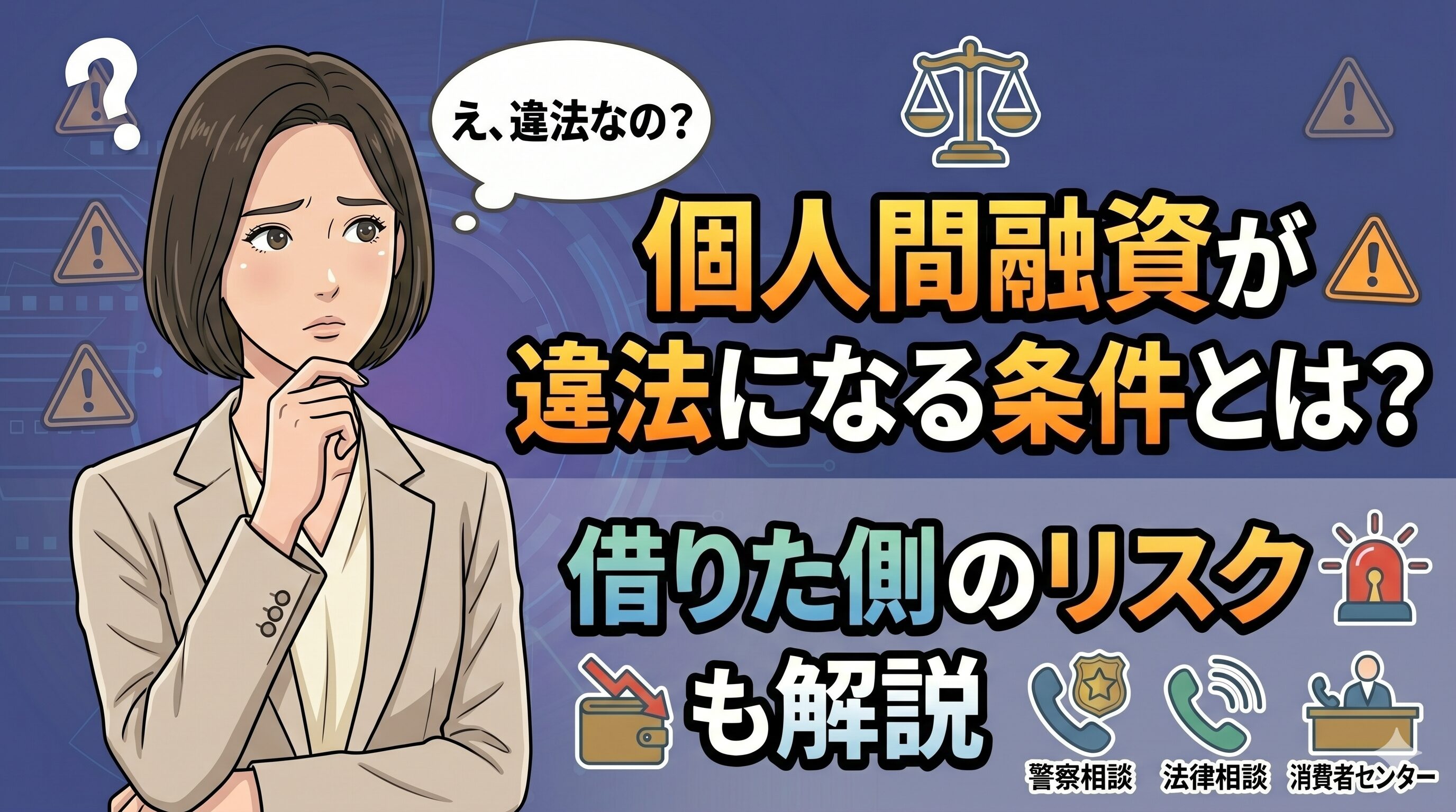個人間融資が違法になる条件とは？借りた側のリスクも解説